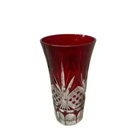 2 Vintage Ruby Red Cut Clear Bohemian Glass 4" Small Vases Antique - Picture 6 of 7